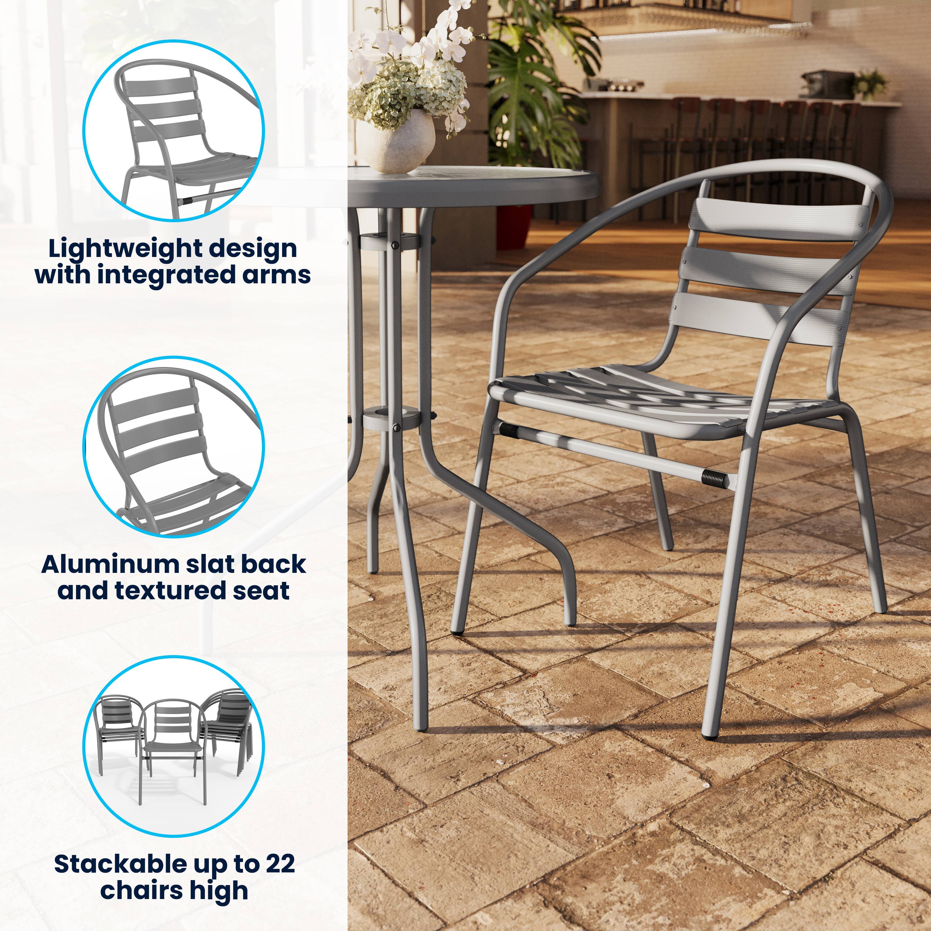 Lightweight design with integrated arms  
Aluminum slat back and textured seat  
Stackable up to 22 chairs high