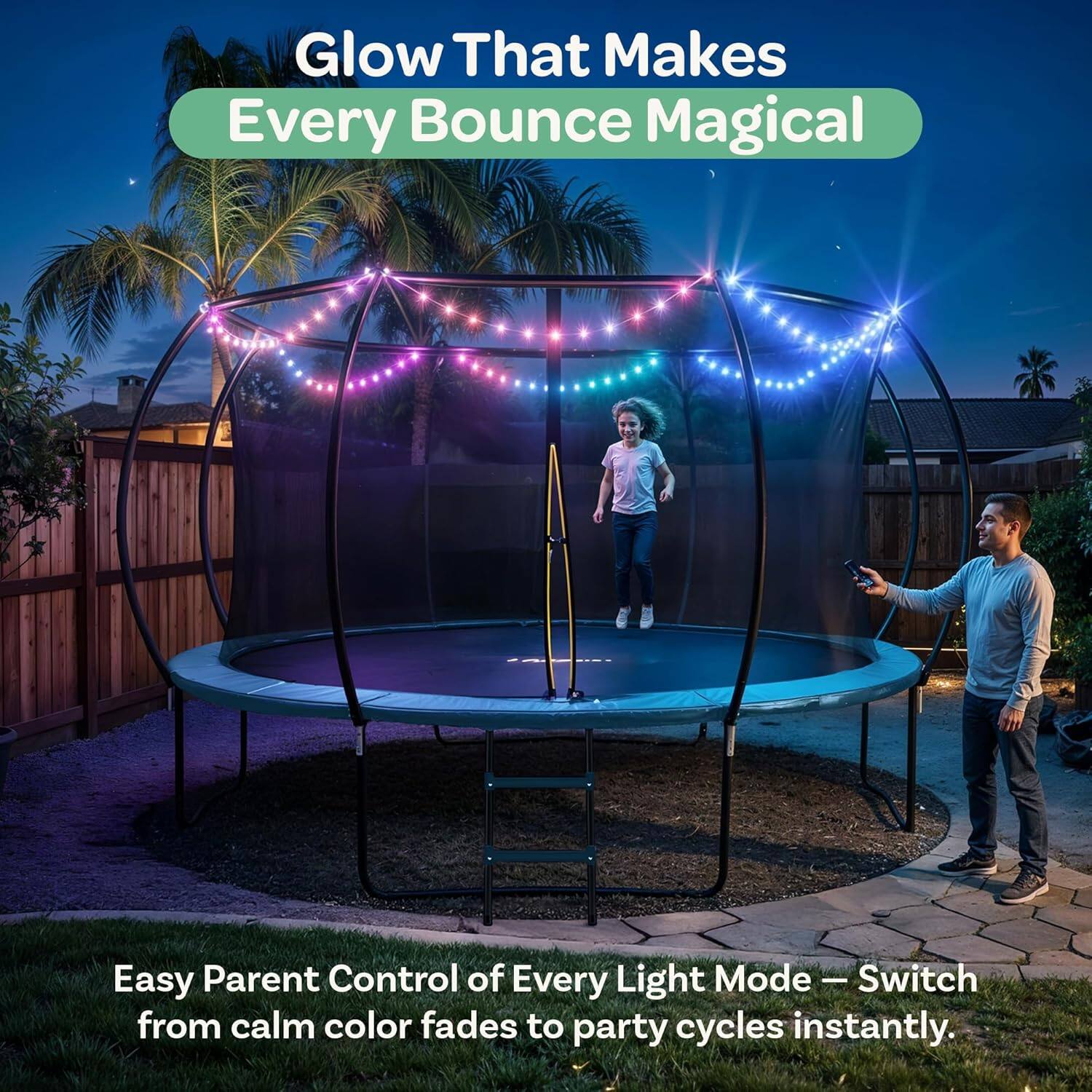 Glow That Makes Every Bounce Magical

Easy Parent Control of Every Light Mode - Switch from calm color fades to party cycles instantly.