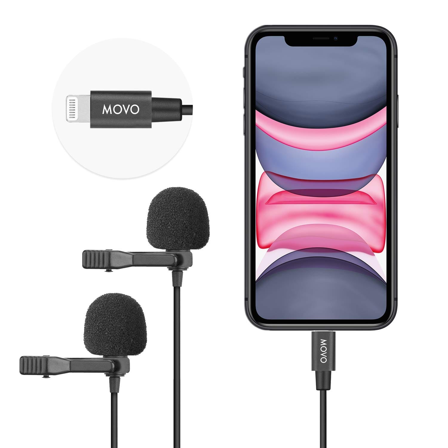 MOVO - iLav-DUO Lavalier Microphone - Digital Clip-On Mic with Lightning Adapter - Compatible with iOS Devices