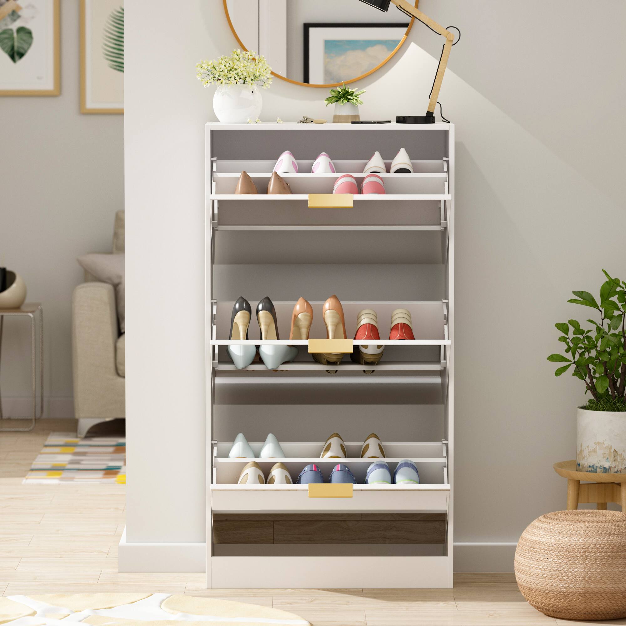Alt View 5. Famapy - Famapy Farmhouse Shoe Cabinet: Flip - Down Design, Removable Laminate, Mirror Panel for Organized Charm - White.