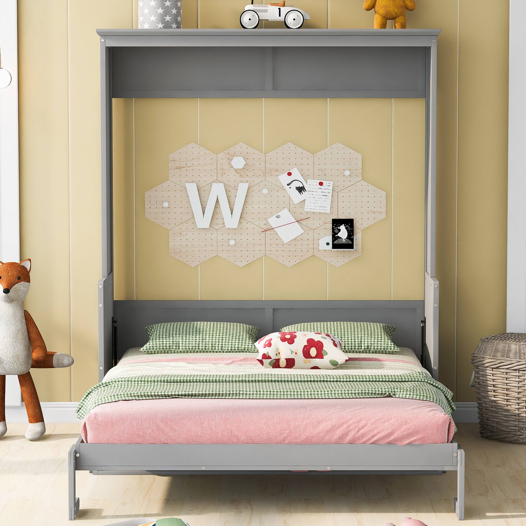Back. Tiramisubest - Queen Size Murphy Bed with Shelf, Gray: Solid Wood+MDF, 86x70x87, 192lbs - Gray.