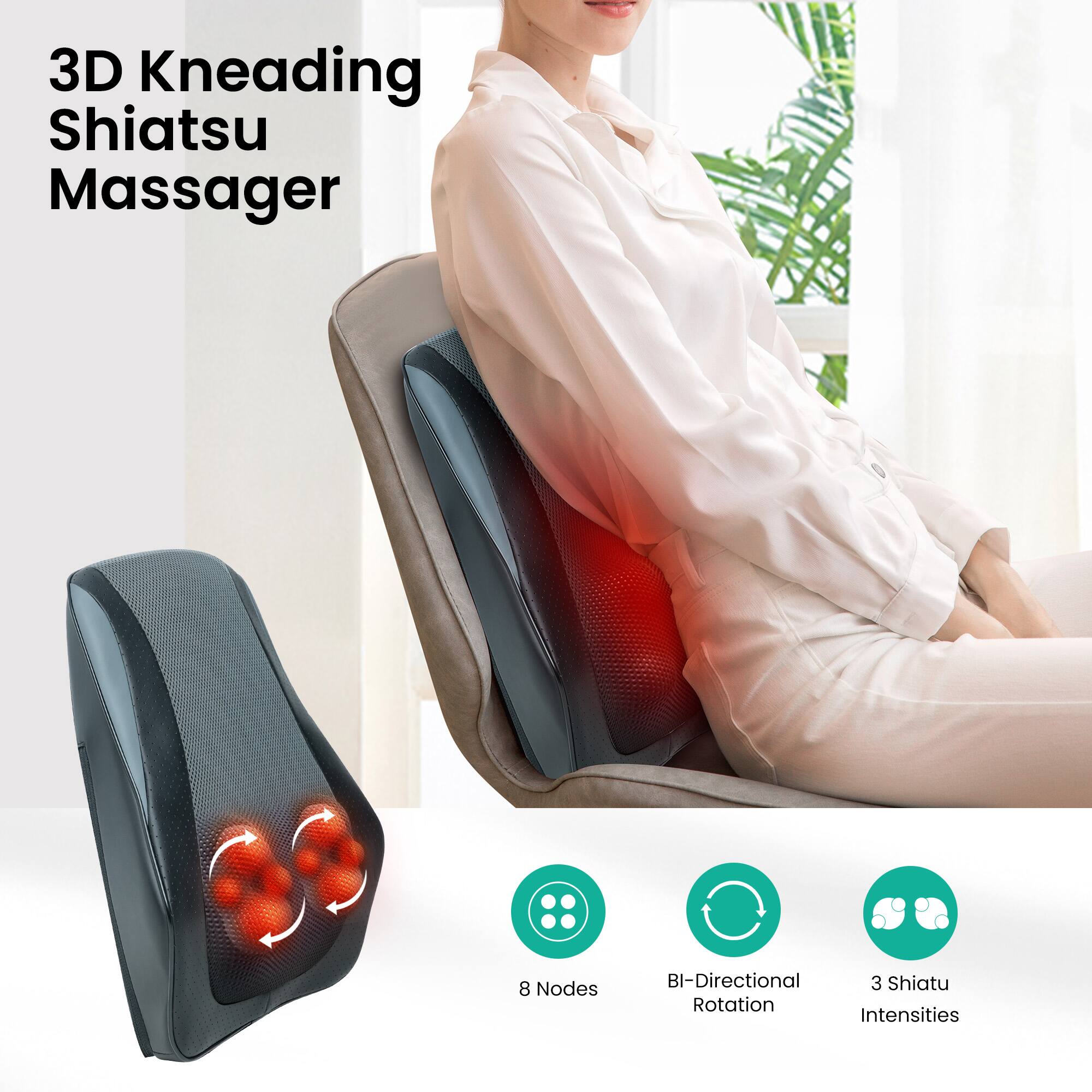 3D Kneading Shiatsu Massager 8 Nodes BI-Directional 3 Shiatsu Rotation Intensities