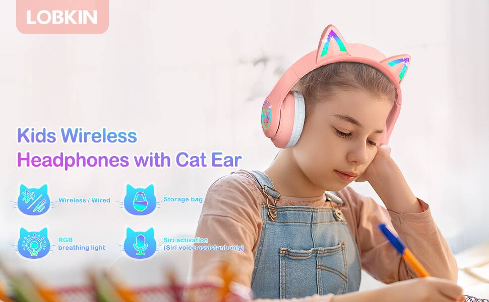 LOBKIN Kids Wireless Headphones with Cat Ear Wireless / Wired Storage bag RGB breathing light Siri activation (Siri voice assistant only)