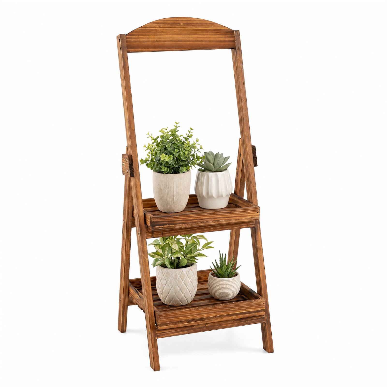 Front. Costway - Costway 2-Tier Ladder Shelf with Fir Wood Frame, Raised Edges & Open Design for Balcony - Rustic Brown.