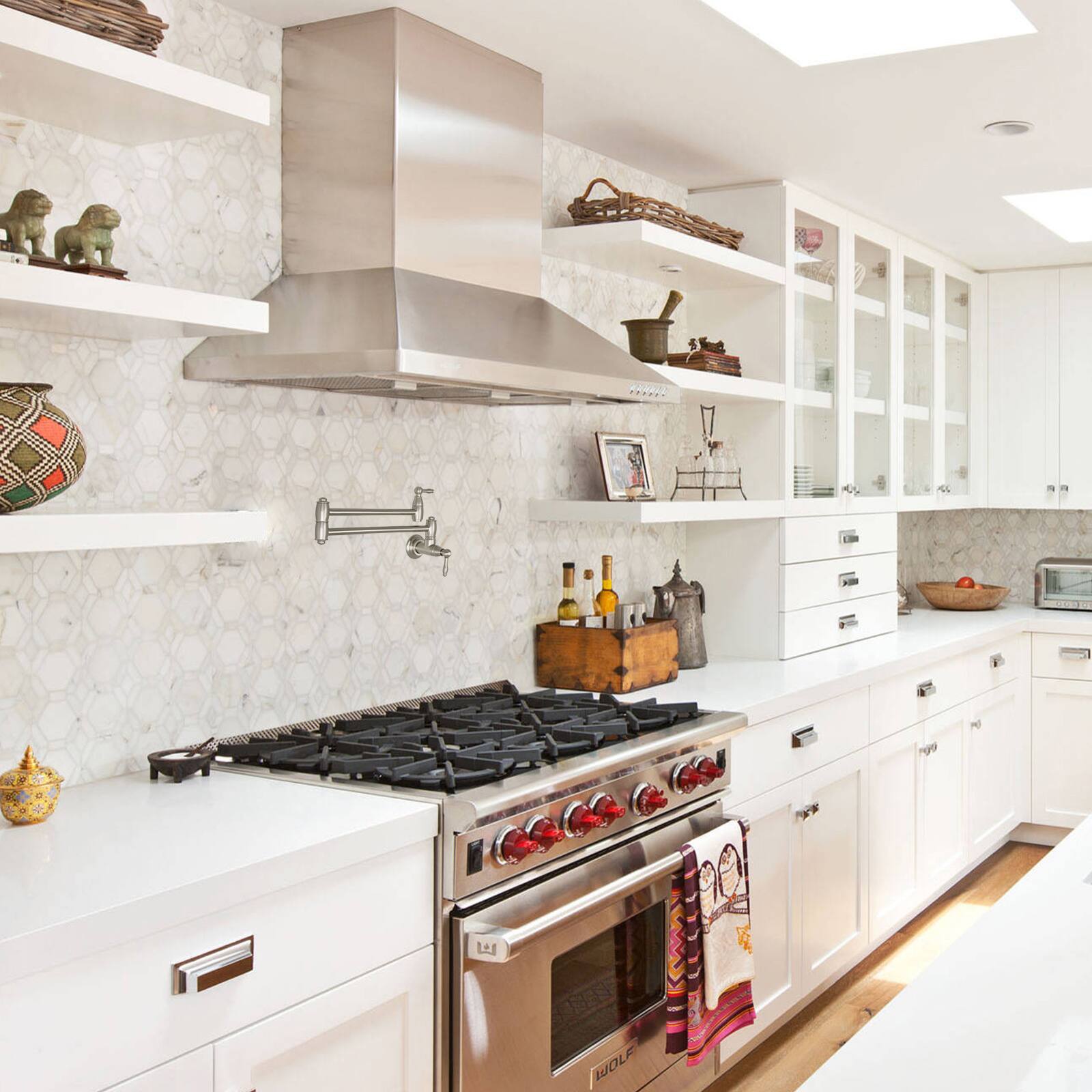 Alt View 4. Akicon - Akicon Wall-Mounted Solid Brass Pot Filler Kitchen Faucet with Dual Joint Swing Arms for Stovetop in Brushed Nickel - Brushed Nickel.