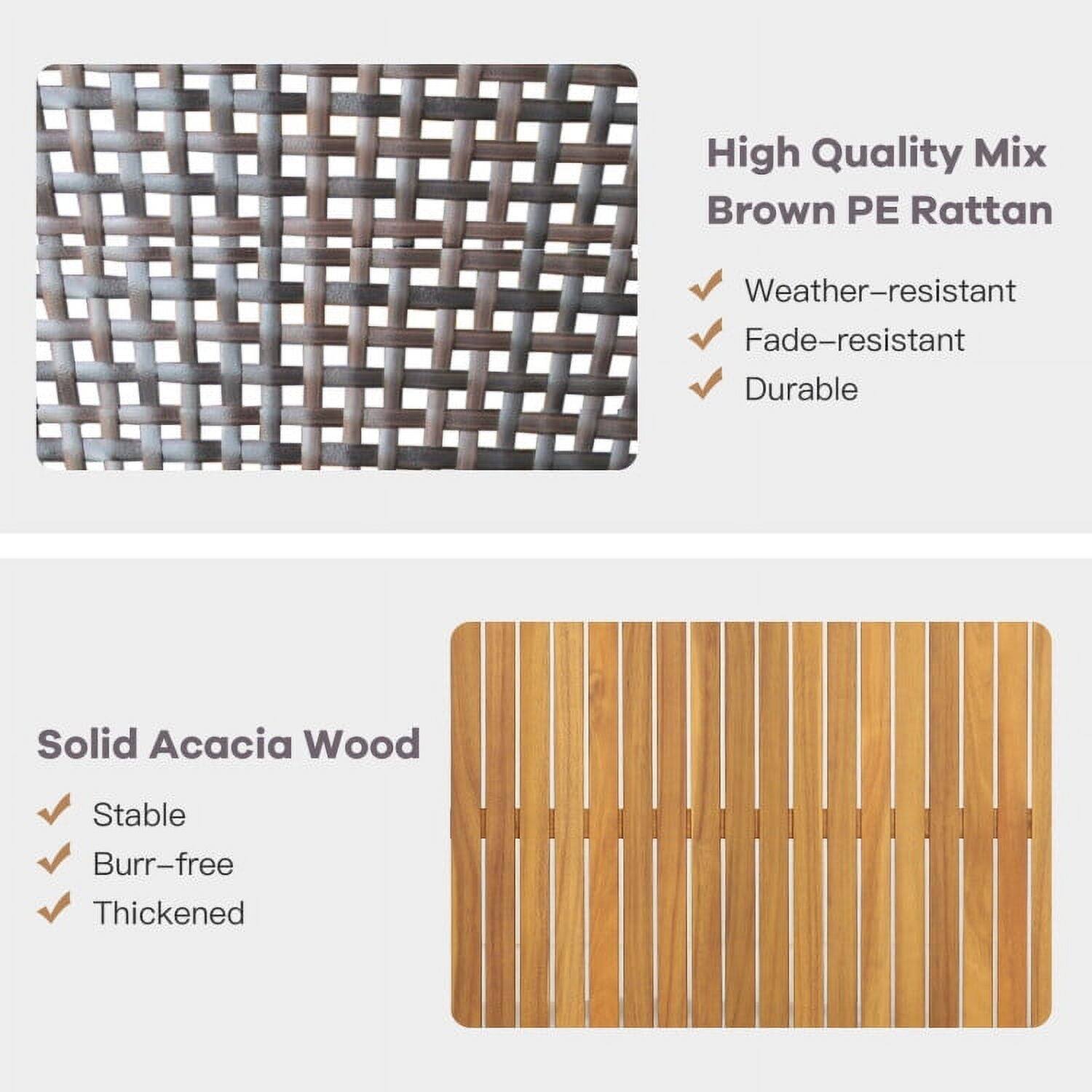 High Quality Mix Brown PE Rattan  
- Weather-resistant  
- Fade-resistant  
- Durable  

Solid Acacia Wood  
- Stable  
- Burr-free  
- Thickened