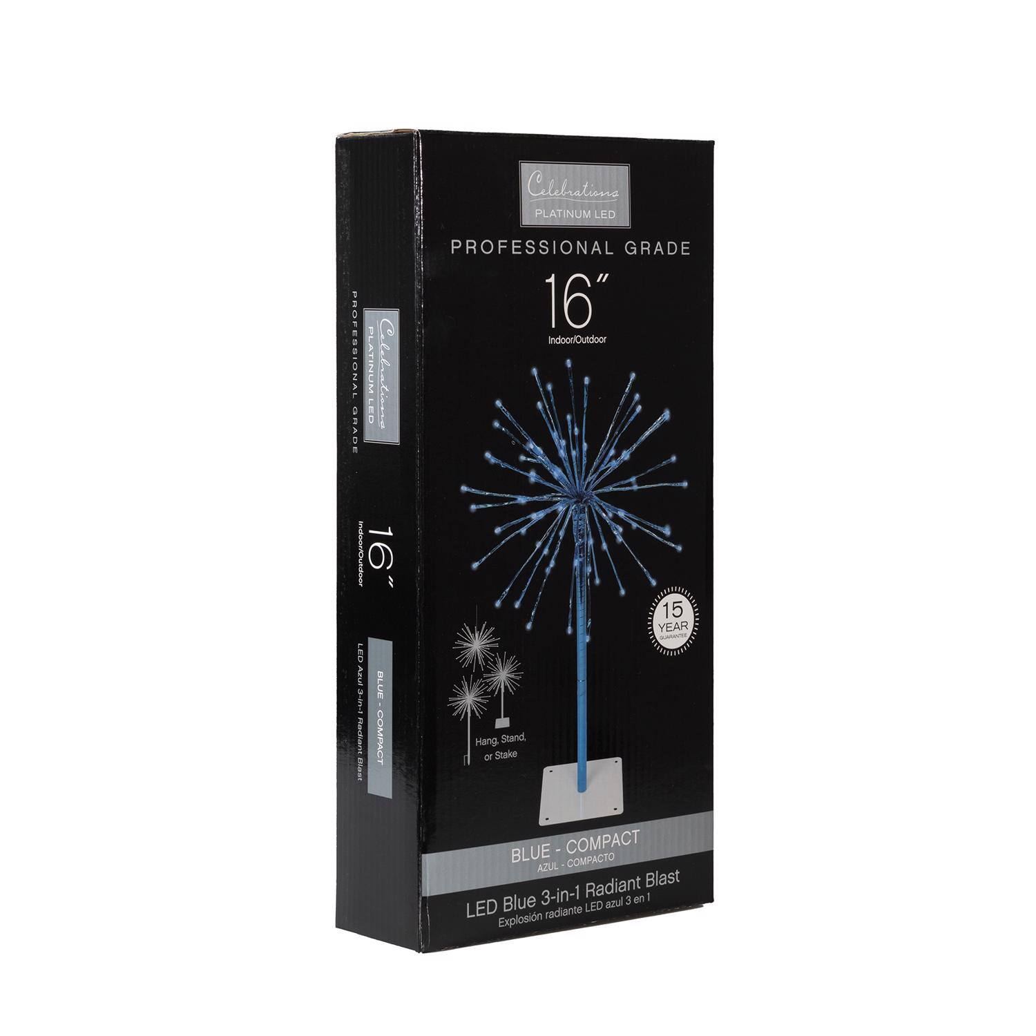 Celebrations Platinum LED  
Professional Grade  
16" Indoor/Outdoor  

LED Blue - Compact  
LED Blue 3-in-1 Radiant Blast  
Hang, Stake or Stake  

15 Year Guarantee  

LED Blue - Compacto  
Explosion radiante LED azul 3 en 1