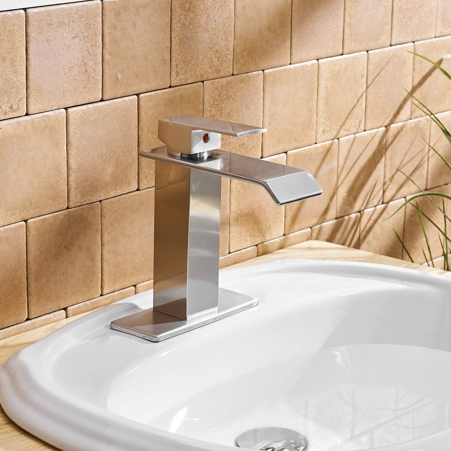Alt View 2. Boyel Living - Waterfall Single Hole Single Handle Low Arc Bathroom Faucet with Supply Line in Brushed Nickel - Brushed Nickel.