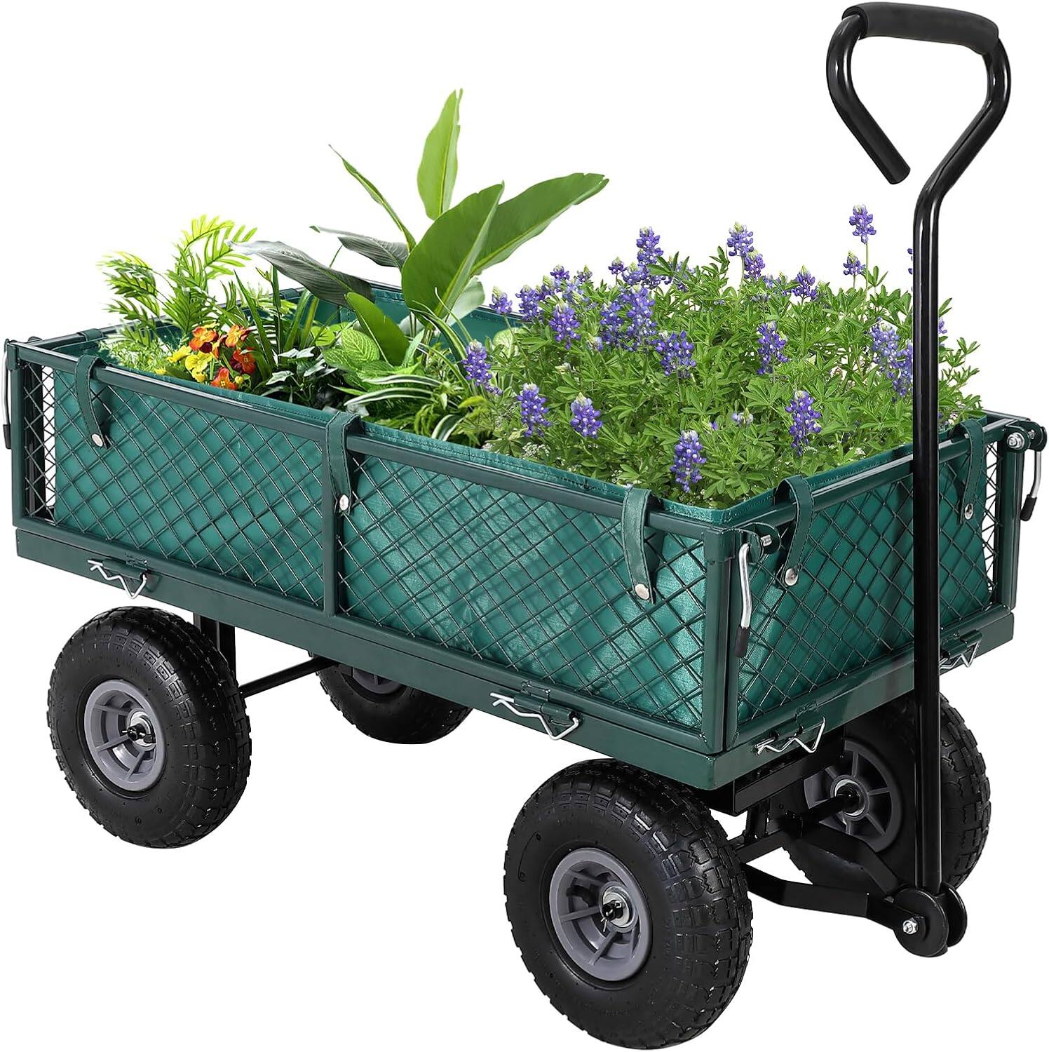 Front. Acekool - Heavy Duty Steel Garden Cart Folding Utility Wagon, 500 Lbs Capacity, Removable Liner, 8" Pneumatic Tires, Green - Green.