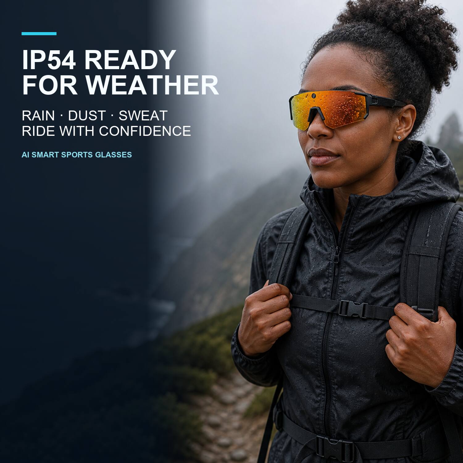 IP54 READY FOR WEATHER  
RAIN • DUST • SWEAT  
RIDE WITH CONFIDENCE  
AI SMART SPORTS GLASSES