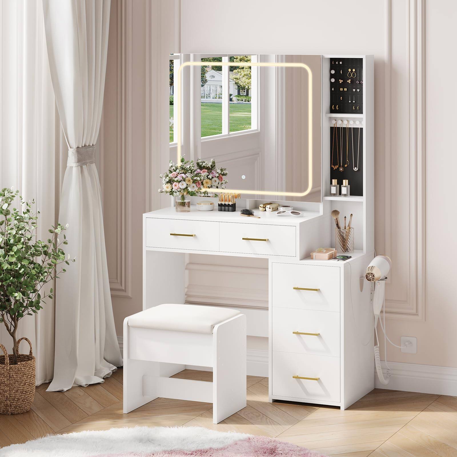 Front. GARVEE - Vanity Desk with Mirror and Lights, Makeup Vanity Set with 5 Drawers, Stool, Power Outlet, 3 Color Lighting Modes - white.