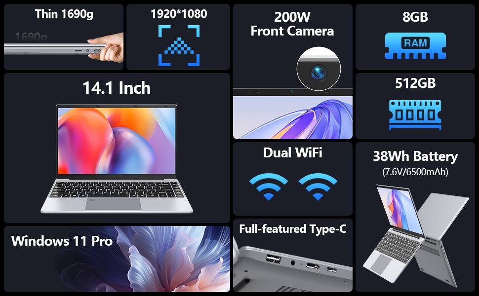 Gezoon 14.1 inch Laptop Computer, 8GB RAM 512GB SSD, Celeron