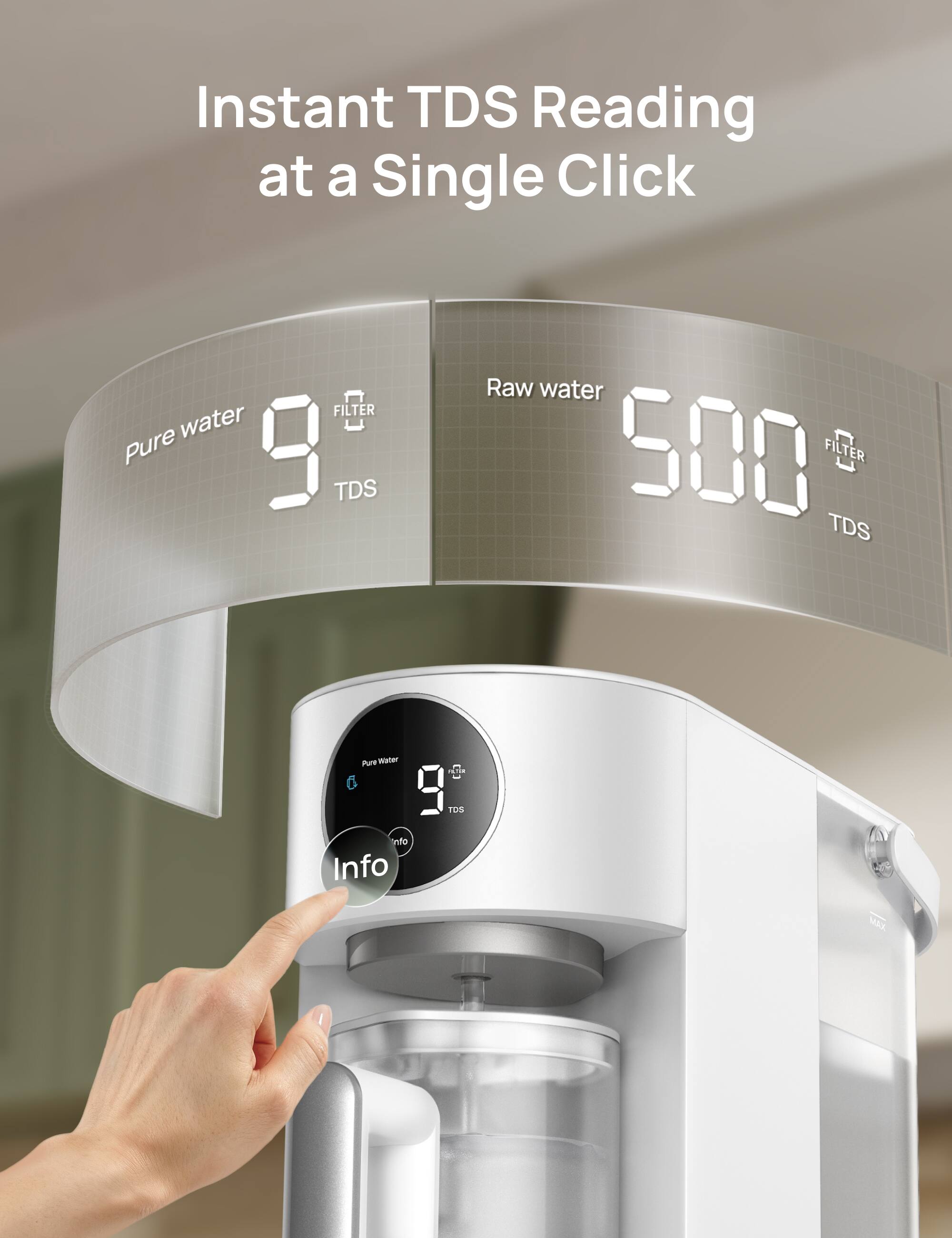 Instant TDS Reading at a Single Click

Pure water 9 TDS  
Raw water 500 TDS

FILTER  
FILTER

Info