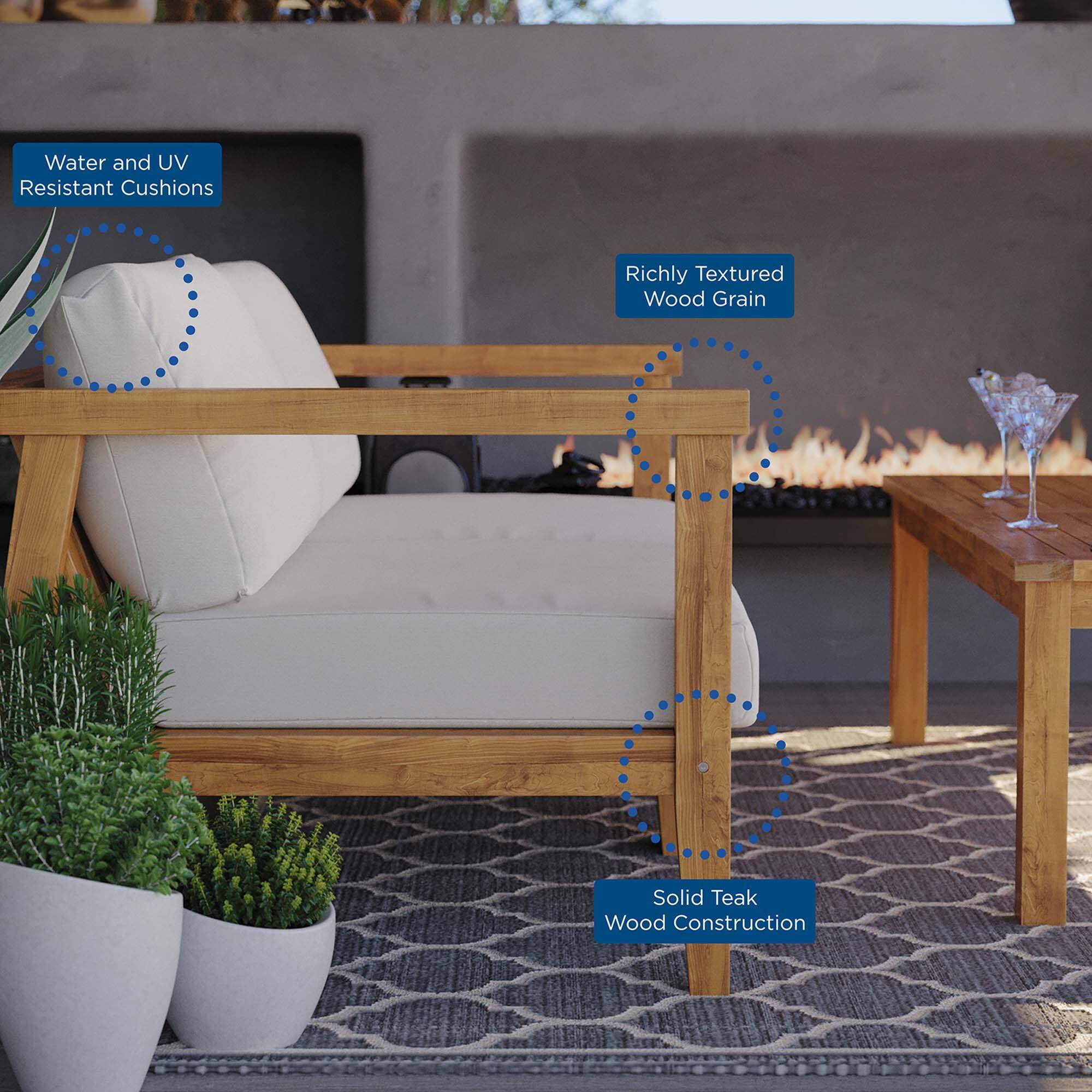 Water and UV Resistant Cushions  
Richly Textured Wood Grain  
Solid Teak Wood Construction
