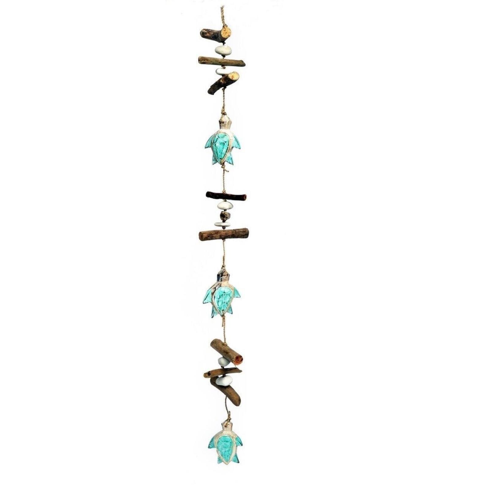 Front. Bamboo Source Tropical Decor - Wooden Aqua Three Sea Turtle Strand With Driftwood and Stone Mobile 34.5 inch - Multicolor.