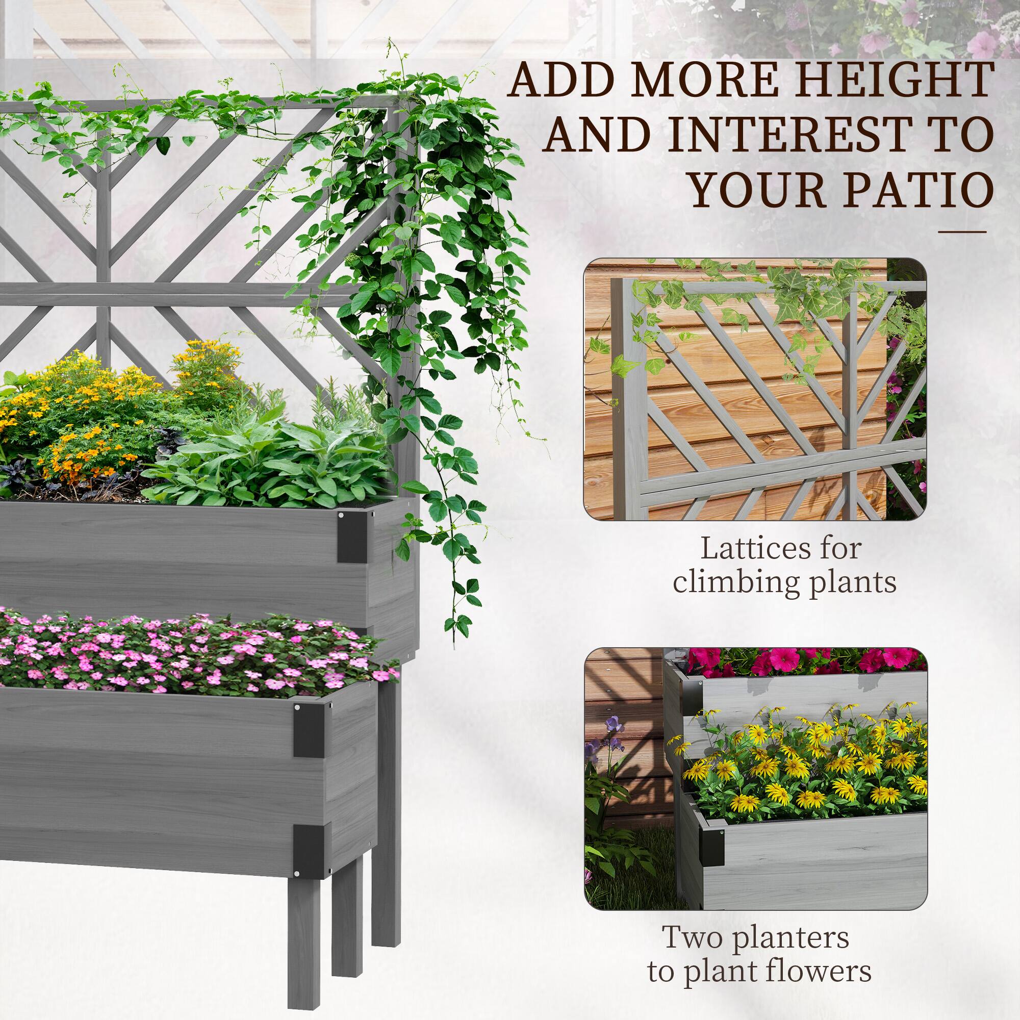 ADD MORE HEIGHT AND INTEREST TO YOUR PATIO

Lattice for climbing plants
Two planters to plant flowers