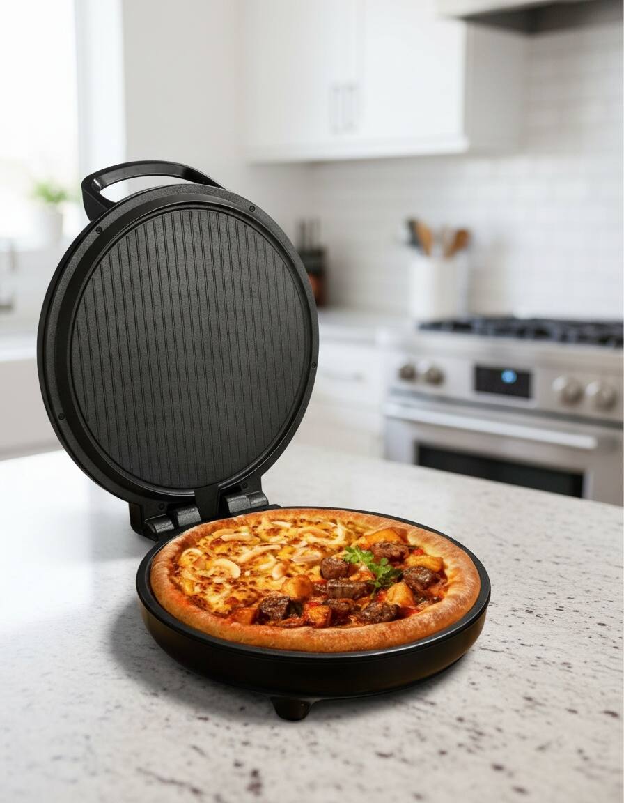 Alt View 4. Forest'nSky - Electric Pizza Oven Maker, 12-Inch with 180° Open Design for Dual-Side Baking, 1200W, Non-Stick, Heats to 410°F - Black.