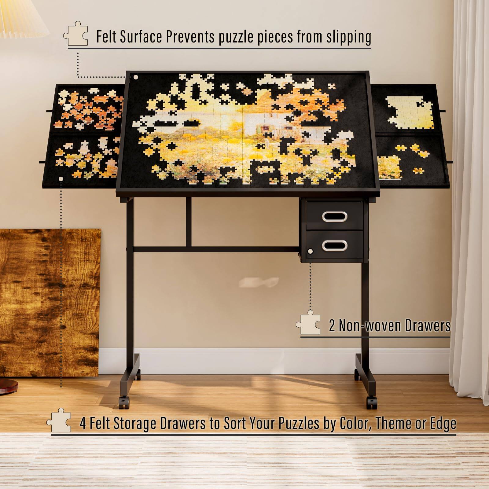 - Felt Surface Prevents puzzle pieces from slipping
- 2 Non-woven Drawers
- 4 Felt Storage Drawers to Sort Your Puzzles by Color, Theme or Edge