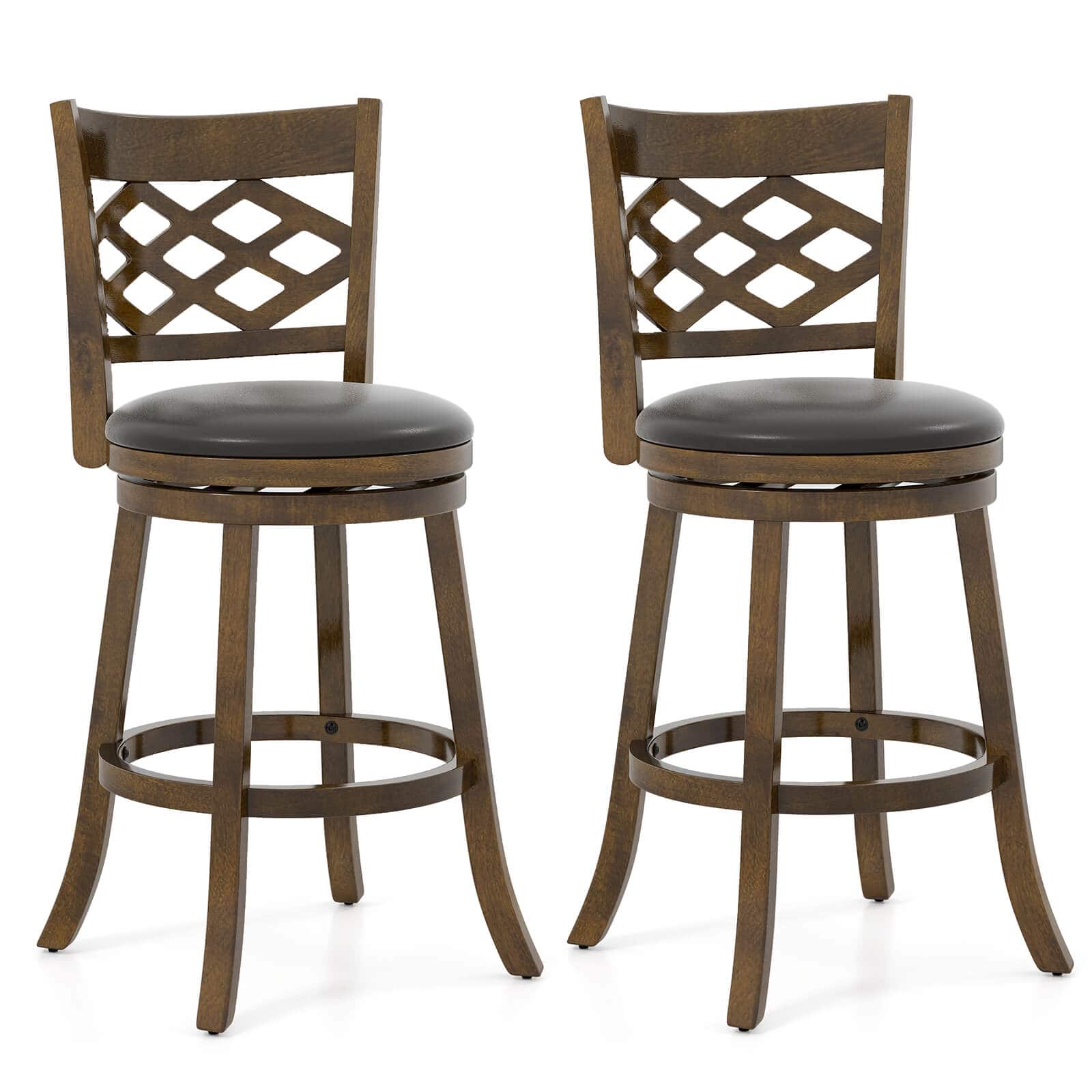 Costway - 31" Bar Height Stools Set of 2 with Rubber Wood Frame, Upholstered Seat & Footrest - Brown