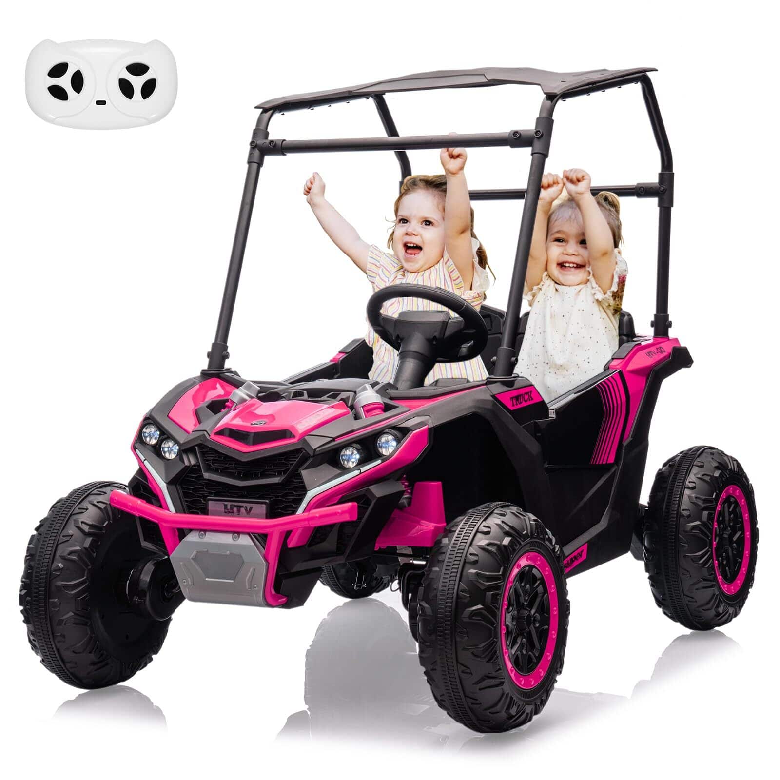 Jojoka - Acekool 2 Seater Ride on Car for Kids, 24V 7AH Electric Off-Road UTV Truck w/Forward & Reverse Functions - Rose pink