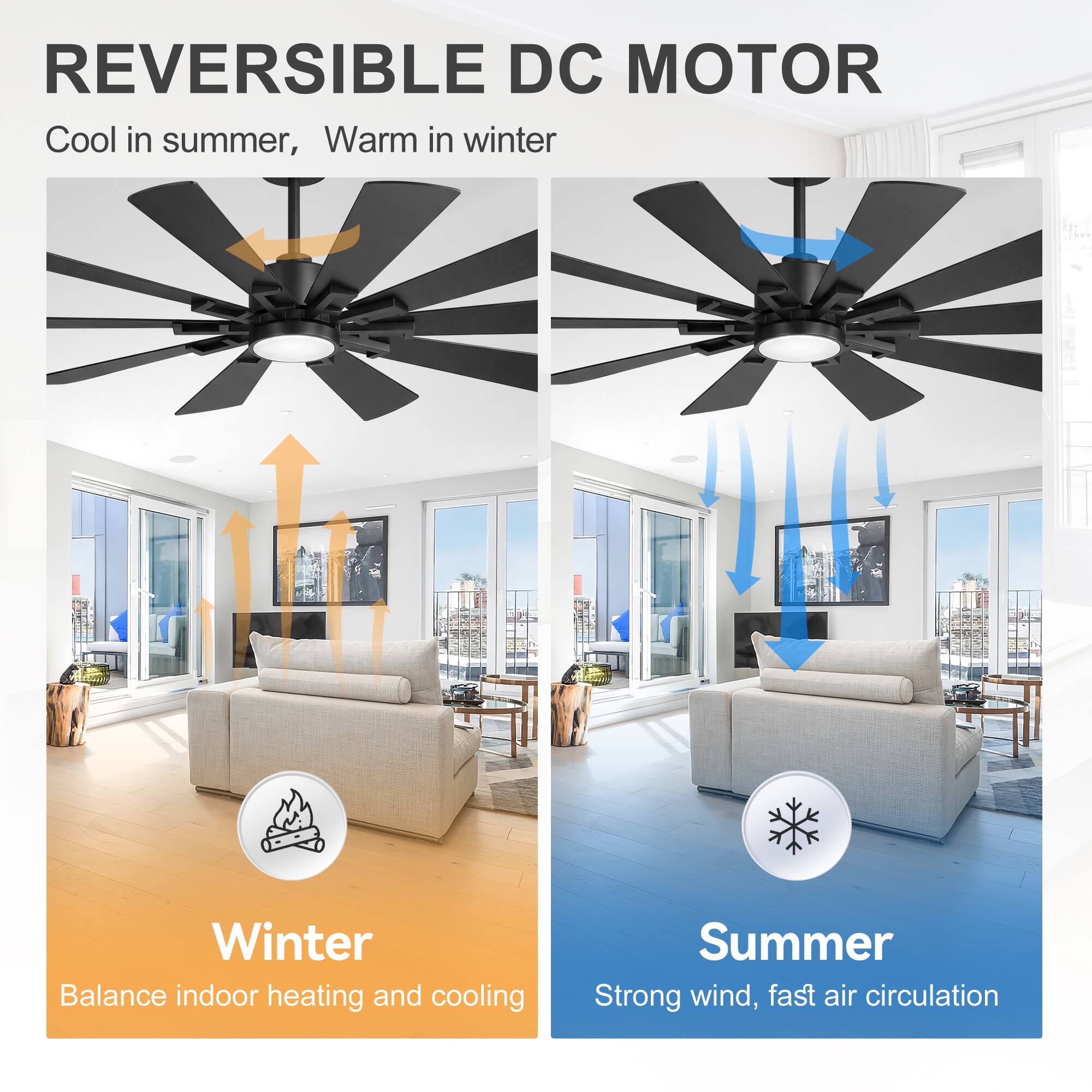 REVERSIBLE DC MOTOR  
Cool in summer, Warm in winter  

Winter  
Balance indoor heating and cooling  

Summer  
Strong wind, fast air circulation