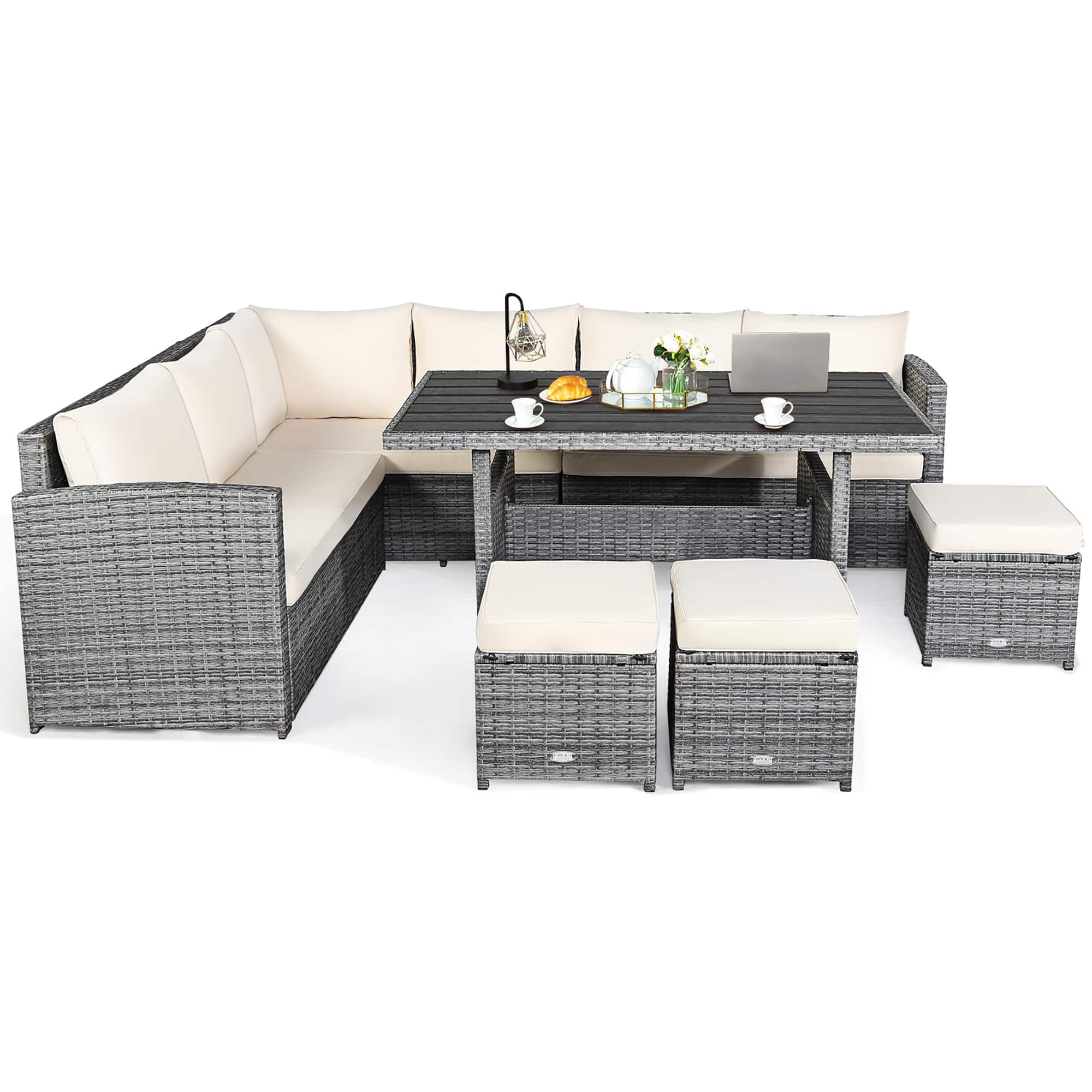 Front. Costway - 7 PCS Patio Rattan Dining Set Sectional Sofa Couch Ottoman Garden - White.