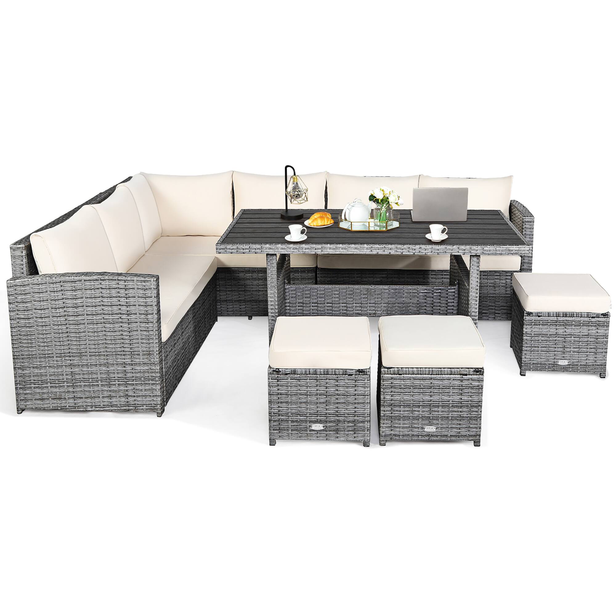 Front. Costway - 7 PCS Patio Rattan Dining Set Sectional Sofa Couch Ottoman Garden - White.