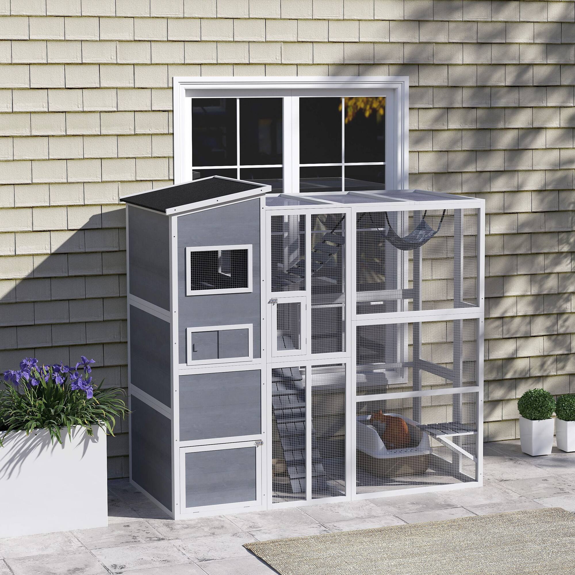 Angle. Pawhut - Catio Outdoor Enclosure, 4 Tiers, 3 Platforms, 1 Soft Ladder, 2 Ramps, 1 Hammock, 2-3 Cats, 76"x36"x68".