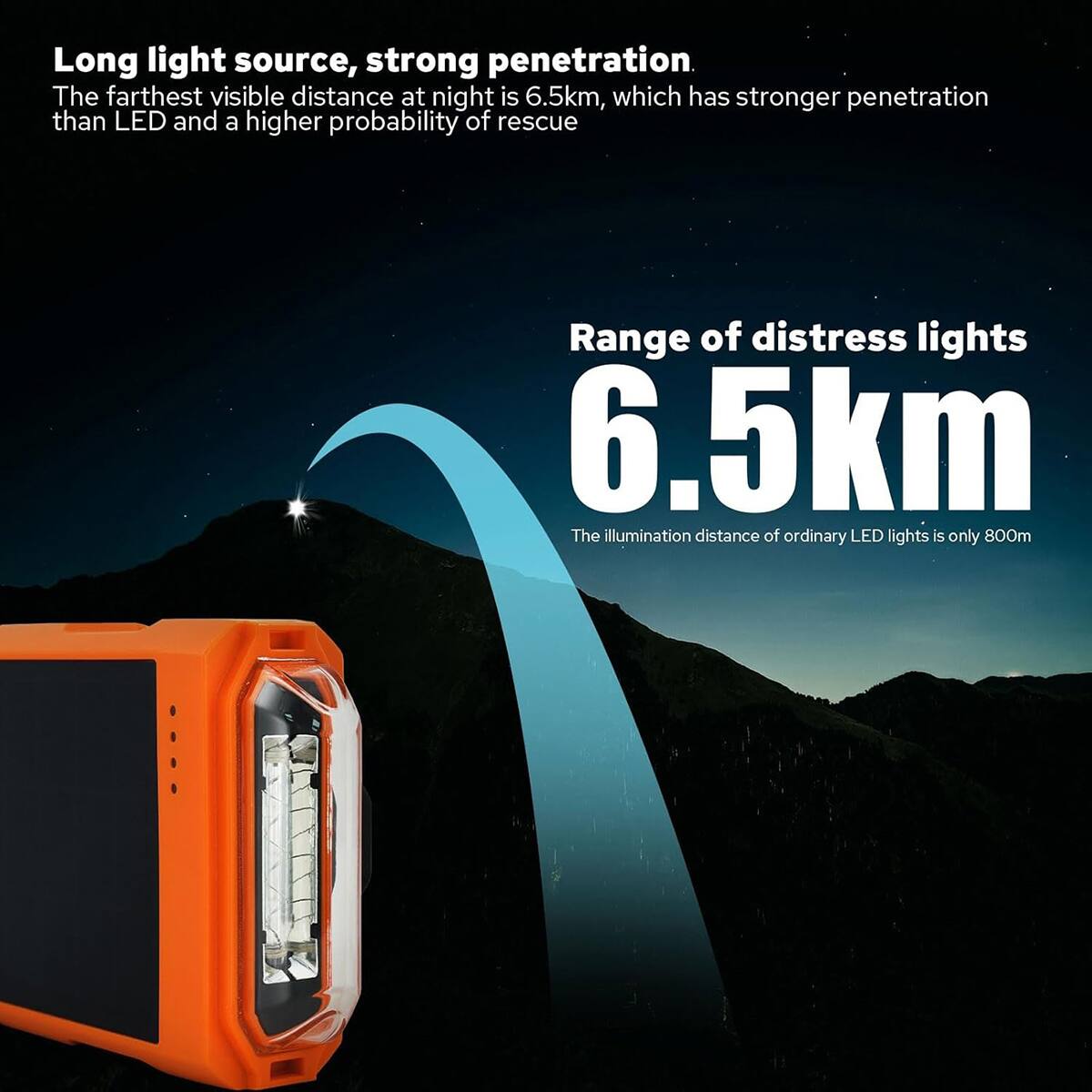 Long light source, strong penetration. The farthest visible distance at night is 6.5km, which has stronger penetration than LED and a higher probability of rescue. Range of distress lights 6.5km. The illumination distance of ordinary LED lights is only 800m.