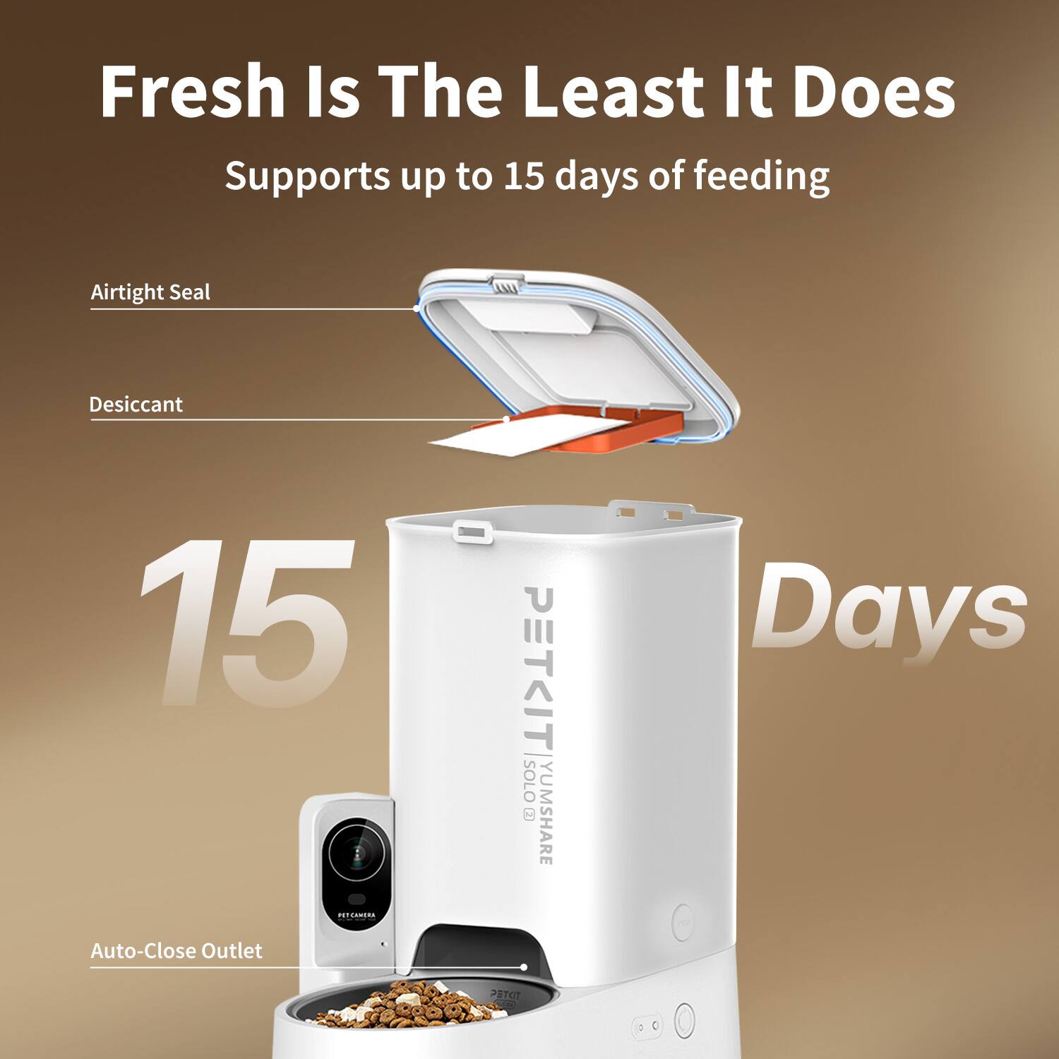 Fresh Is The Least It Does  
Supports up to 15 days of feeding  

Airtight Seal  
Desiccant  
15 Days  
Auto-Close Outlet