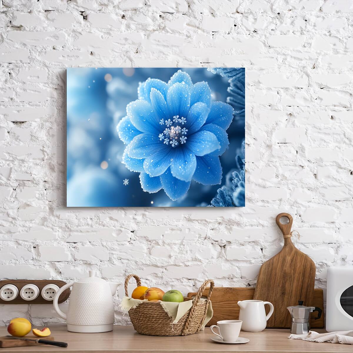 Alt View 2. blue - 1pc Wooden Framed Canvas Painting, Small blue flowers with diamond cores, Wall Art Prints for Living Room & Bedroom & K - Color:32*16inch.