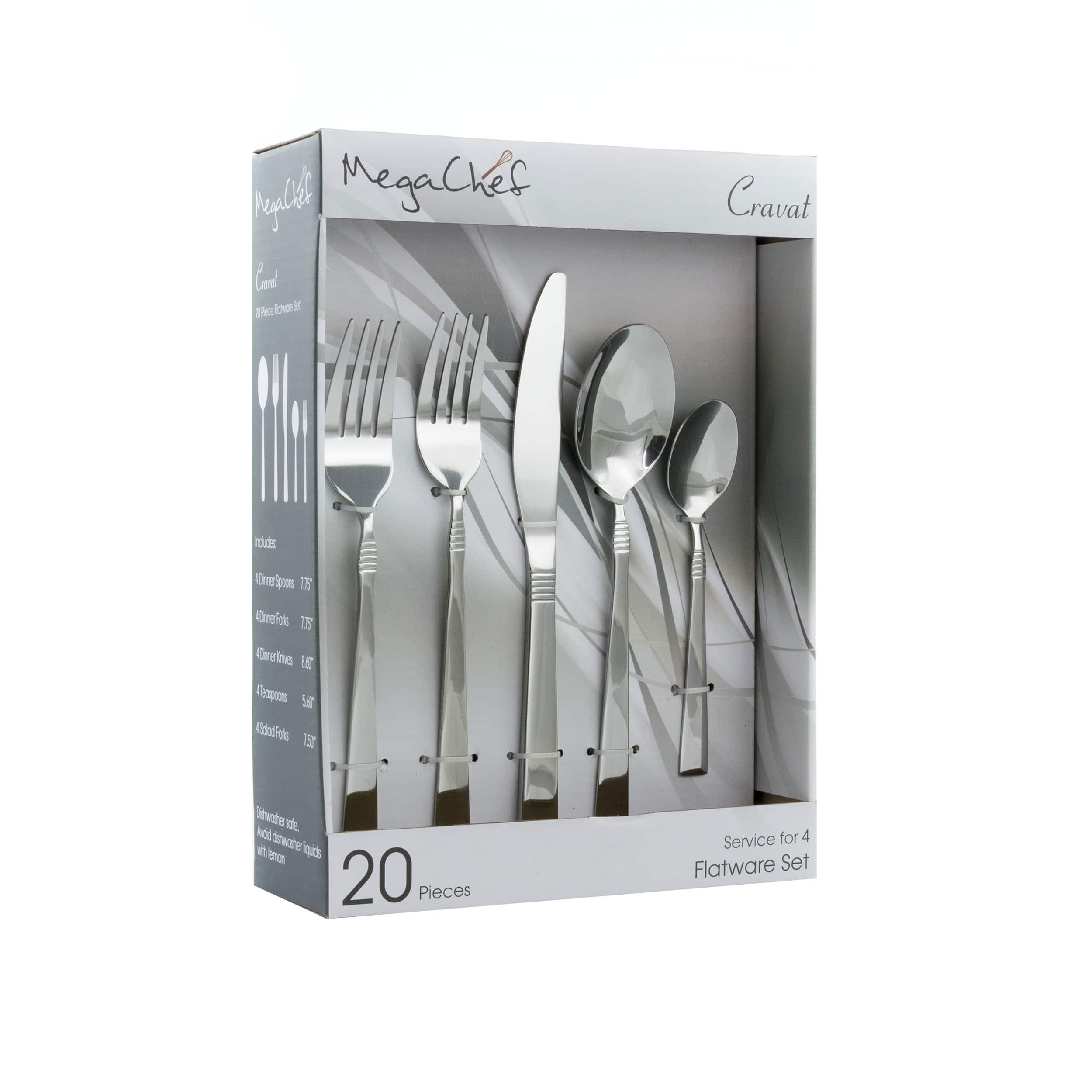 MegaChef - Cravat 20 Piece Flatware Utensil Set, Stainless Steel Silverware Metal Service for 4 - Silver