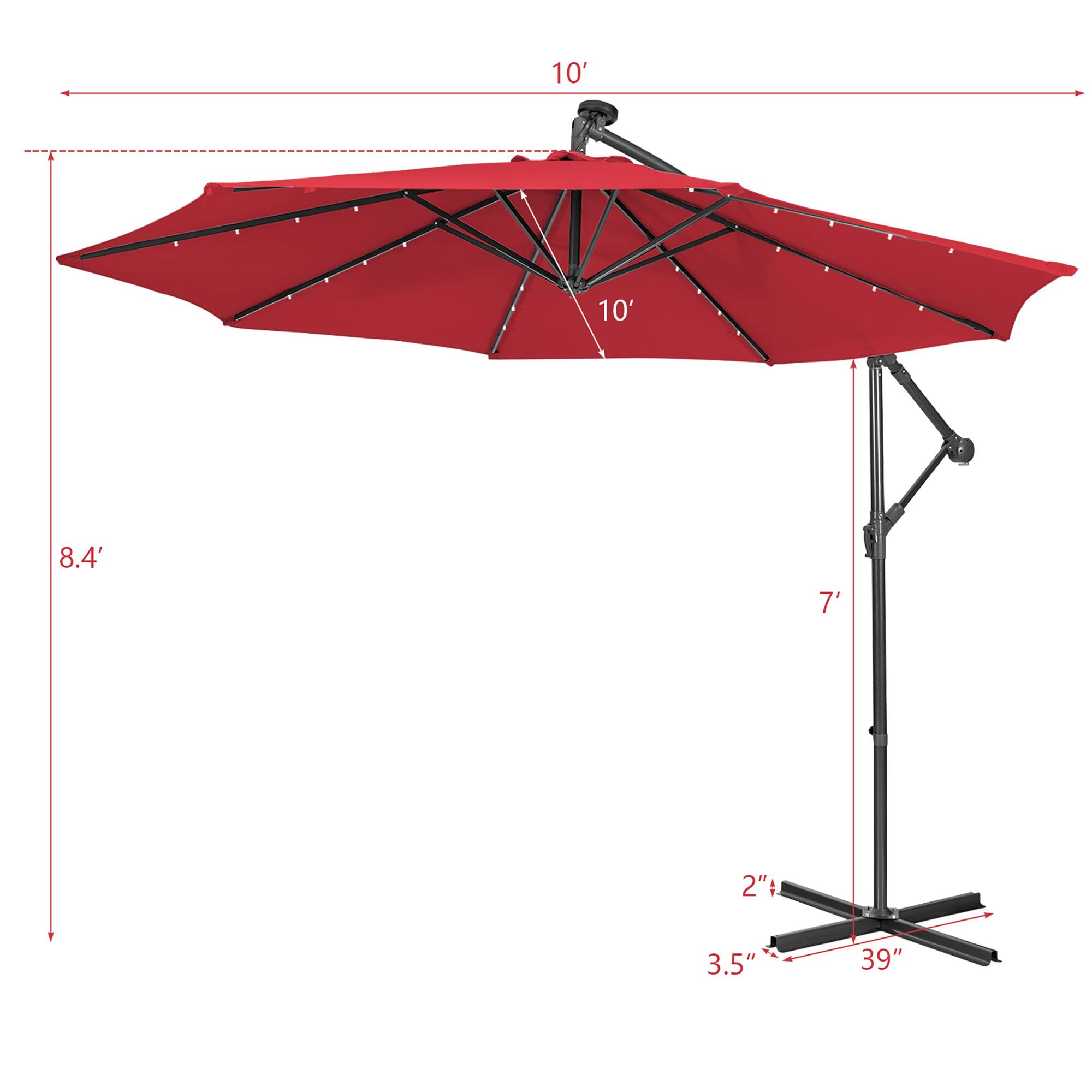 The image shows a red umbrella with a pole and a stand. The umbrella is open and has a diameter of 10 feet. The pole is 10 feet tall, and the stand is 39 inches tall. The umbrella is designed to provide shade and protection from the elements.