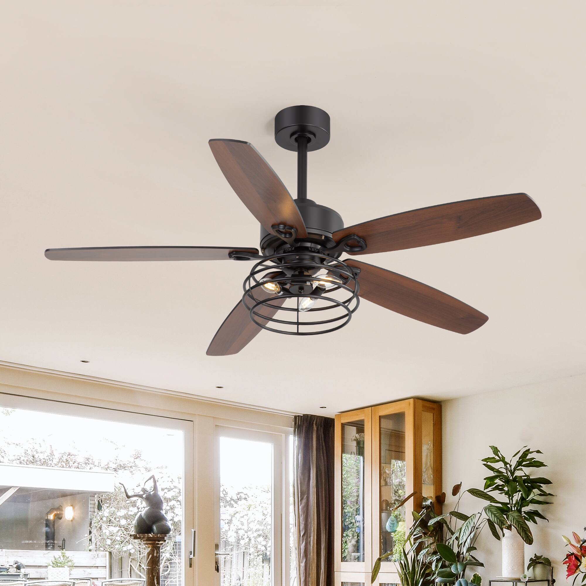 Left. Breezary - 52" Indoor Ceiling Fan with 5 Plywood Blades, DC Motor, 5''/10'' Downrods, 6-Speed Remote Control with Timer - Matte Black.