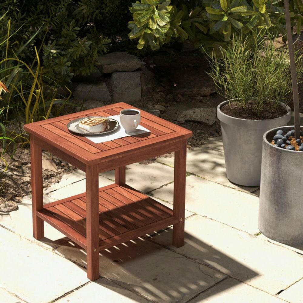 Left. Pefilos - Set of 2 Double-Tier Acacia Wood Patio Side Table with Slatted Tabletop and Shelf, Patio Coffee Table - Brown.