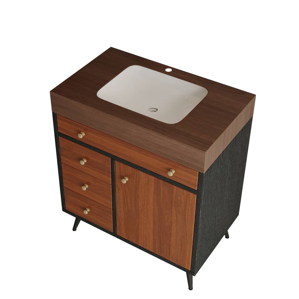 Alt View 7. Loheer - Loheer 30 inch bathroom vanity with sink Walnut Mid-Century Modern Freestanding Cabinet - Walnut.