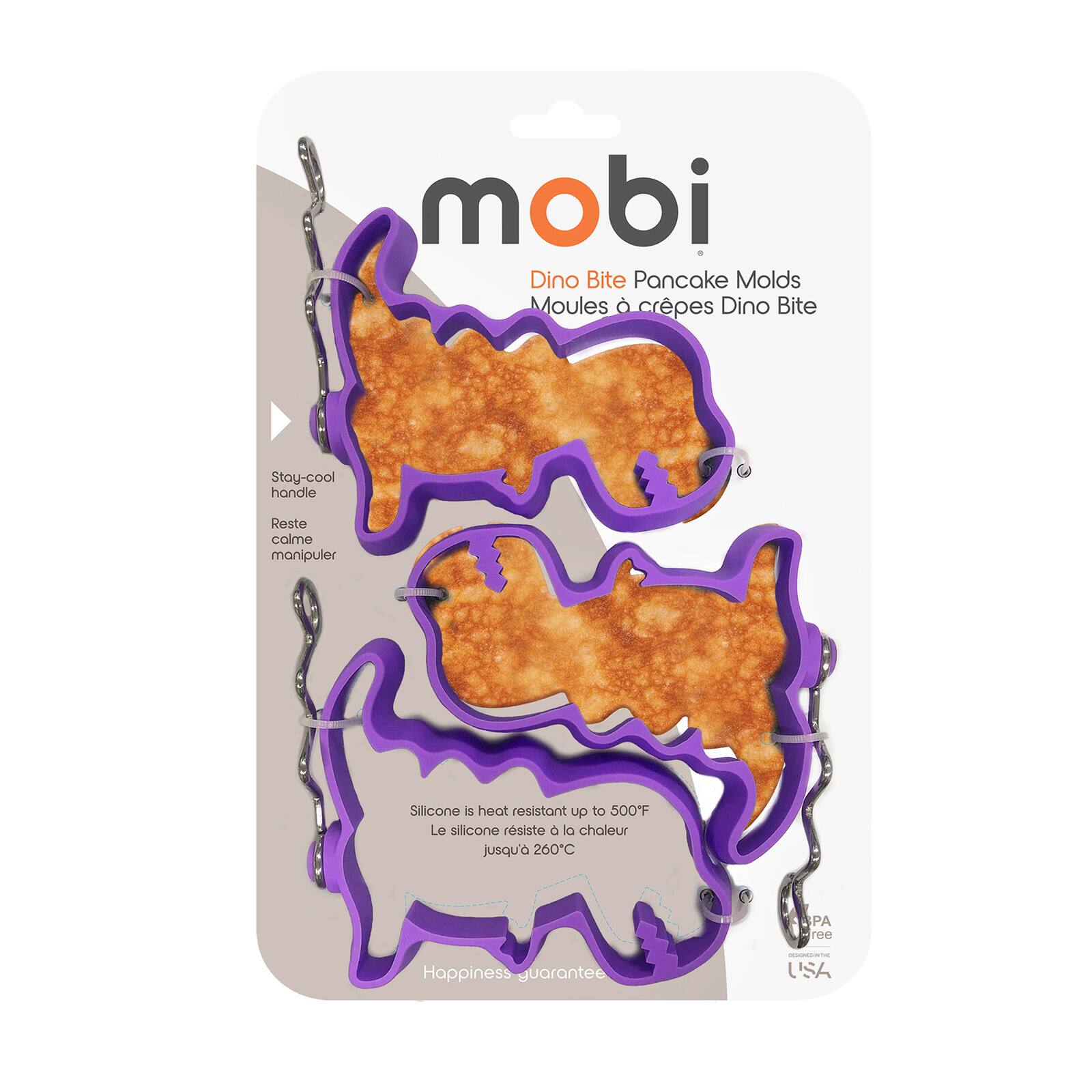 mobi Dino Bite Pancake Molds Moulés à crêpes Dino Bite Stay-cool handle Reste calme manipuler Silicone is heat resistant up to 500F Le silicone résiste à la chaleur jusqu'à 260C Happiness guarantee - USA