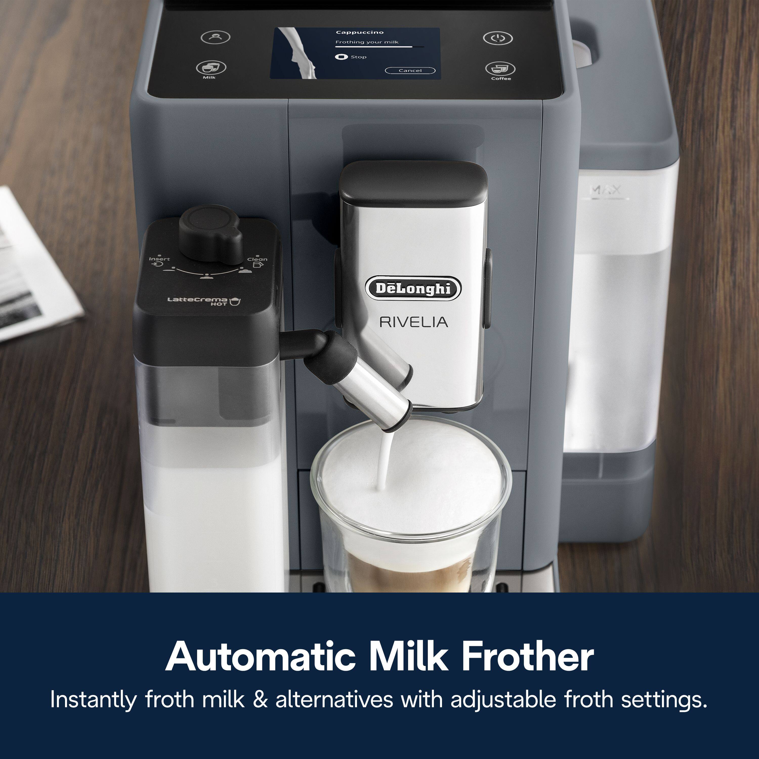 Cappuccino - Froth | Stop :  O NC  1 i Codten M..x UrS om LaeLrS ART DeLonghi RIVELIA Automatic Milk Frother Instantly froth milk & alternatives with adjustable froth settings.