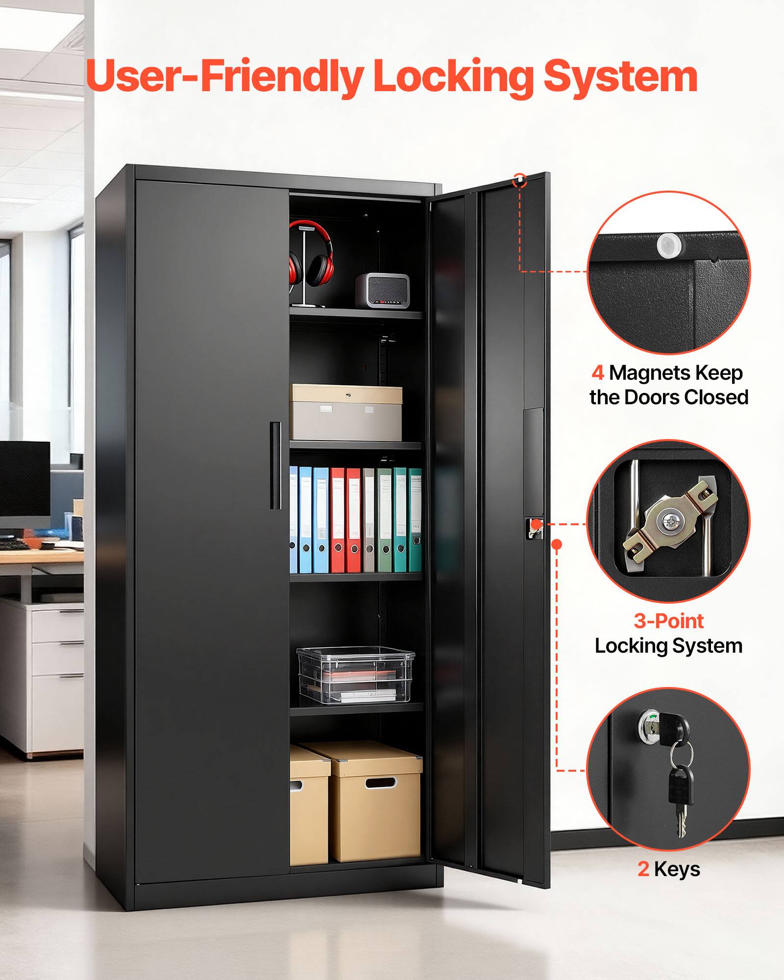 User-Friendly Locking System

4 Magnets Keep the Doors Closed

3-Point Locking System

2 Keys