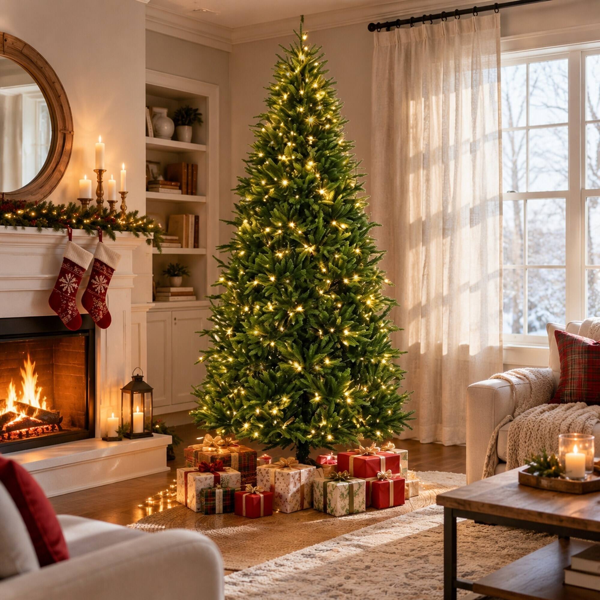 Angle. RYHNUYNE - 7.5FT Pre-Lit Nordmann Fir Christmas Tree With Dual-Color LED Lights and 11 Modes, Remote Control and Lifelike Tips - Green.