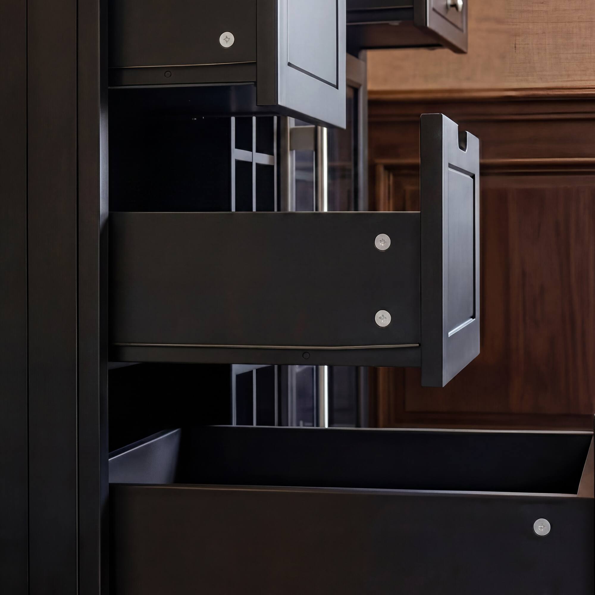Back. Famapy - 78" Tall American Style Wine Cabinet with Storage – Fits Wine Fridge, Glass Rack, 16 Bottle Cubby, Drawers - Black.