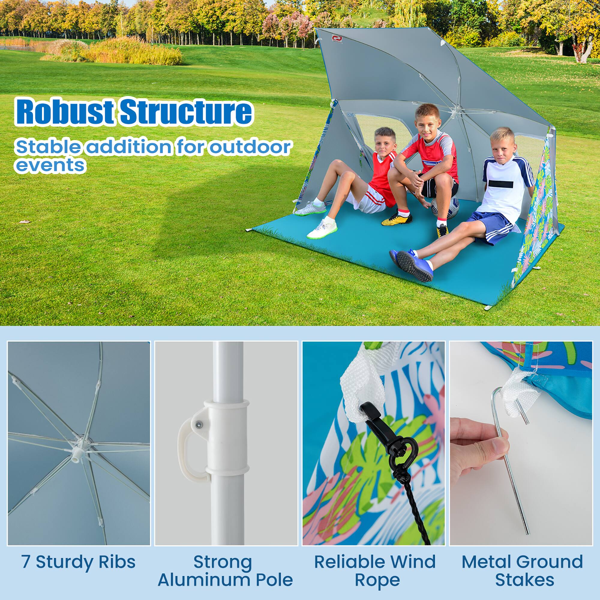 Robust Structure  
Stable addition for outdoor events  

7 Sturdy Ribs  
Strong Aluminum Pole  
Reliable Wind Rope  
Metal Ground Stakes