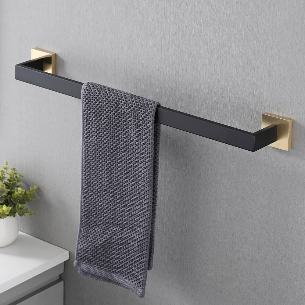 Back. JUJABU - 5-Piece Bathroom Set Towel Bar + Ring + Hooks + TP Holder, Black + Gold - Black + Gold.
