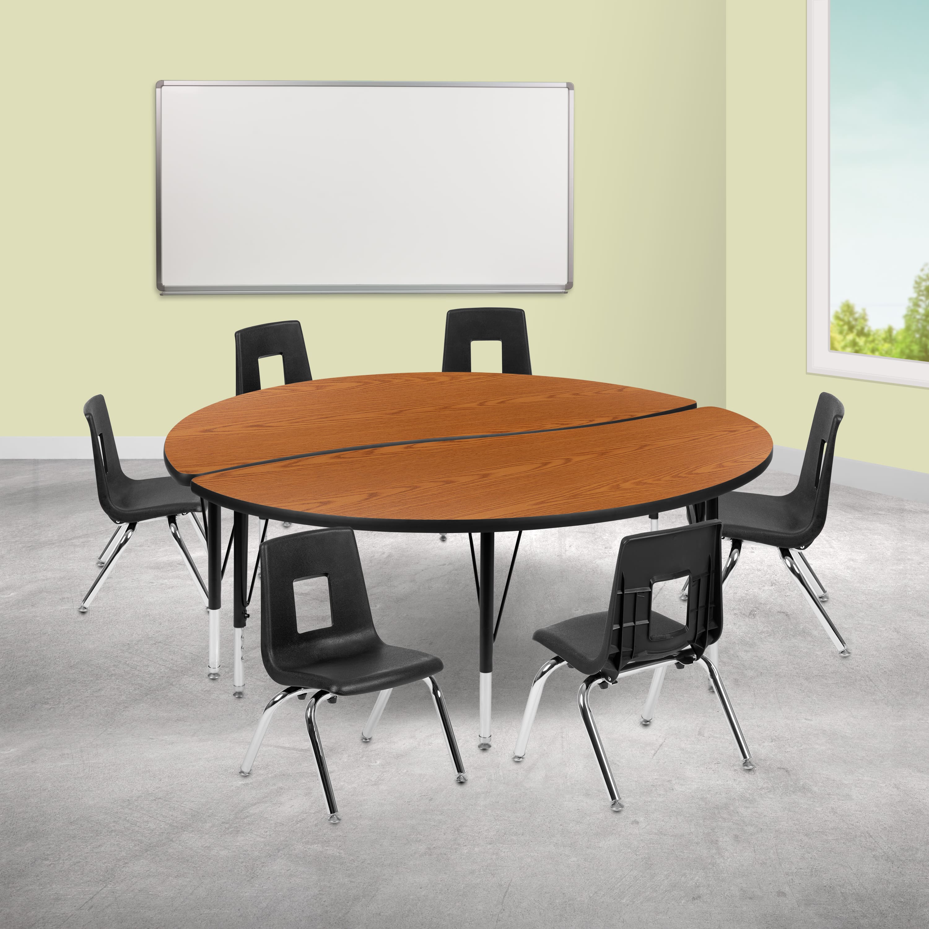 "Emma + Oliver - 60"" Circle Wave Collaborative Laminate Activity Table Set with 14"" Student Stack Chairs - Oak" price history on PriceWatchPro