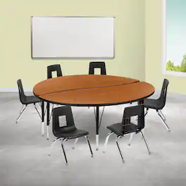 Emma + Oliver - 60" Circle Wave Collaborative Laminate Activity Table Set with 14" Student Stack Chairs - Oak