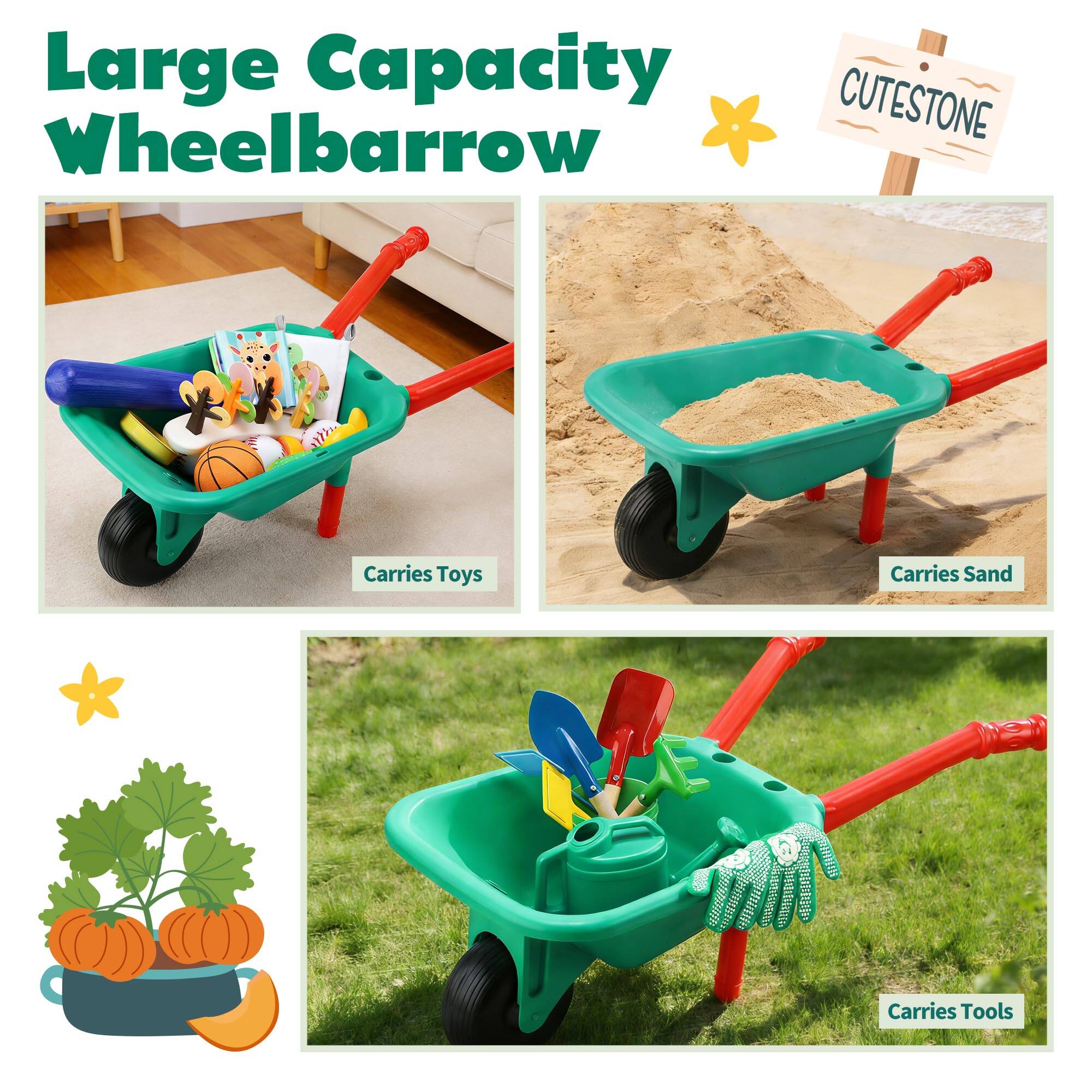 Large Capacity CUTESTONE Wheelbarrow  
Carries Toys  
Carries Sand  
Carries Tools