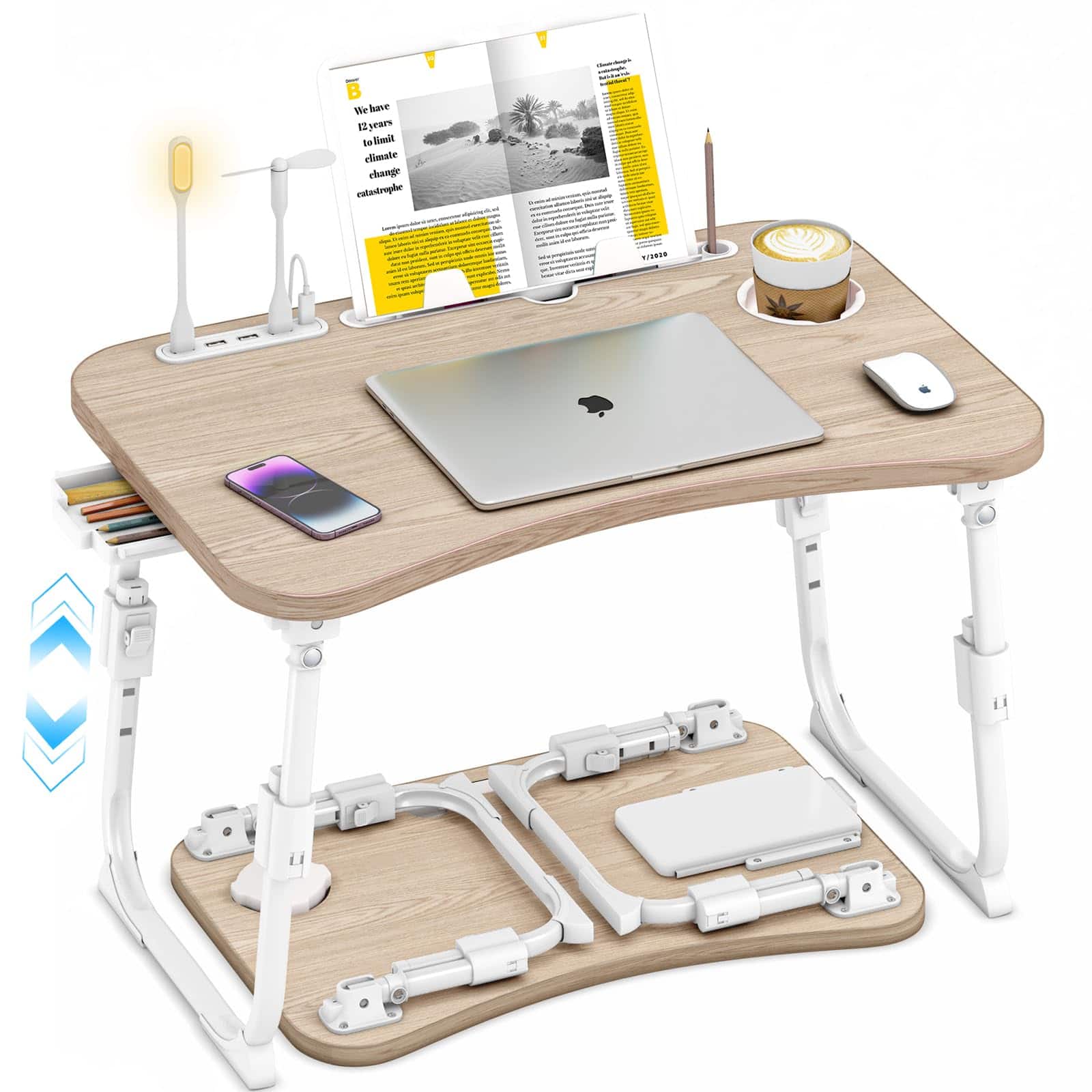 PARKER SLATER - Lap Desk For Bed Adjustable Height Foldable Table With Storage Drawer Tablet Slot Cup Holder Portable Laptop