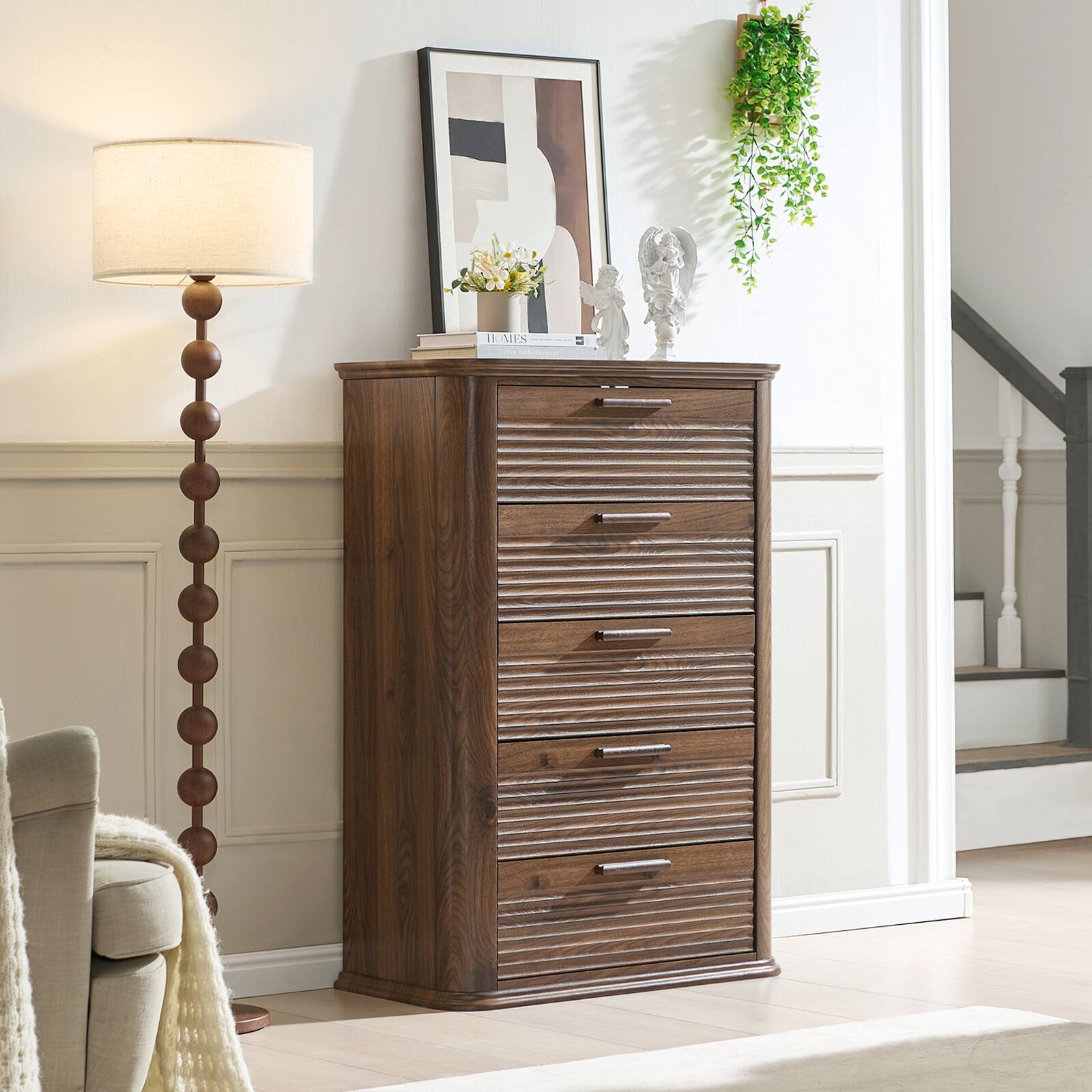 Alt View 1. Forest'nSky - Walnut Wood 5 drawer 31.5 in. Wide Chest of Drawers with Curved Profile Design for Living Room - Walnut.