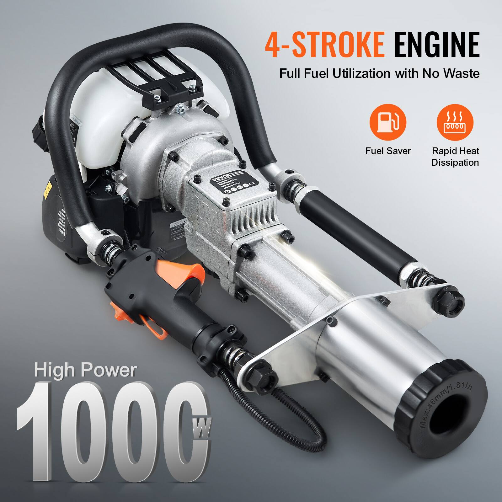4-STROKE ENGINE  
Full Fuel Utilization with No Waste  

Fuel Saver  
Rapid Heat Dissipation  

High Power  
1000 W  

Max: 46mm/1.81in