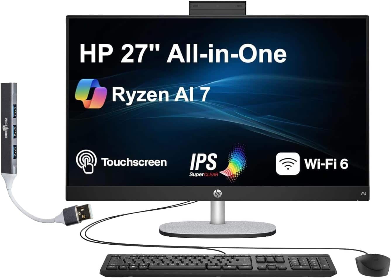 HP - 27 All-in-One 27 FHD Display (Ryzen AI 7 350, 32GB, 1TB SSD, AMD Radeon, WiFi 6, Webcam, Win 11 Home) w/USB Hub - Black